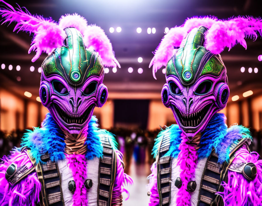 Vibrant Alien Costumes with Iridescent Masks and Feathered Headdresses