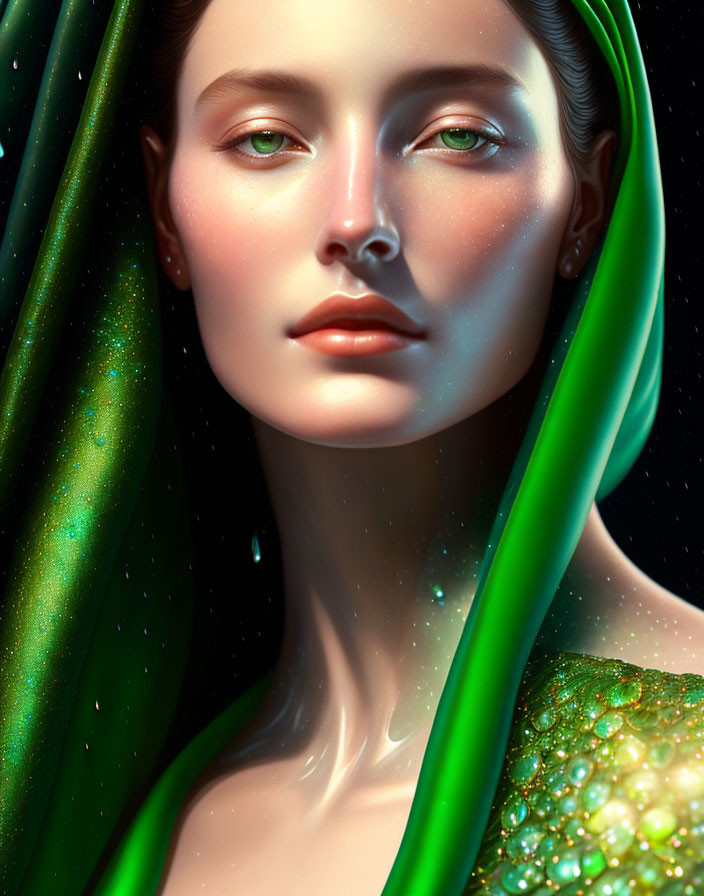 Woman with Glowing Skin in Emerald Clothing and Green Headscarf