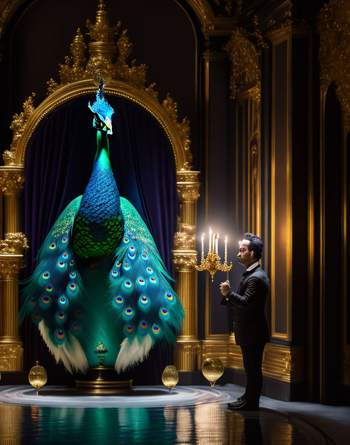 Man in suit holding candelabra gazes at illuminated peacock display in ornate room