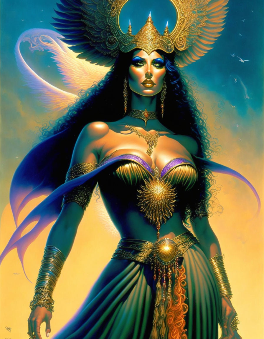 Fantasy illustration of regal woman in golden headgear with luminescent bird