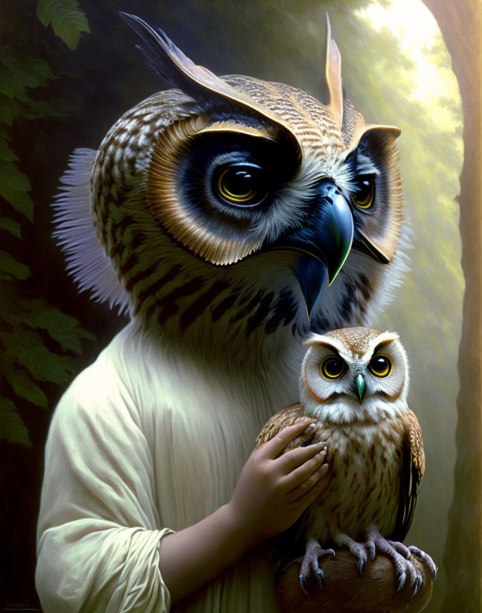 Humanoid figure with owl head cradles small owl in forest