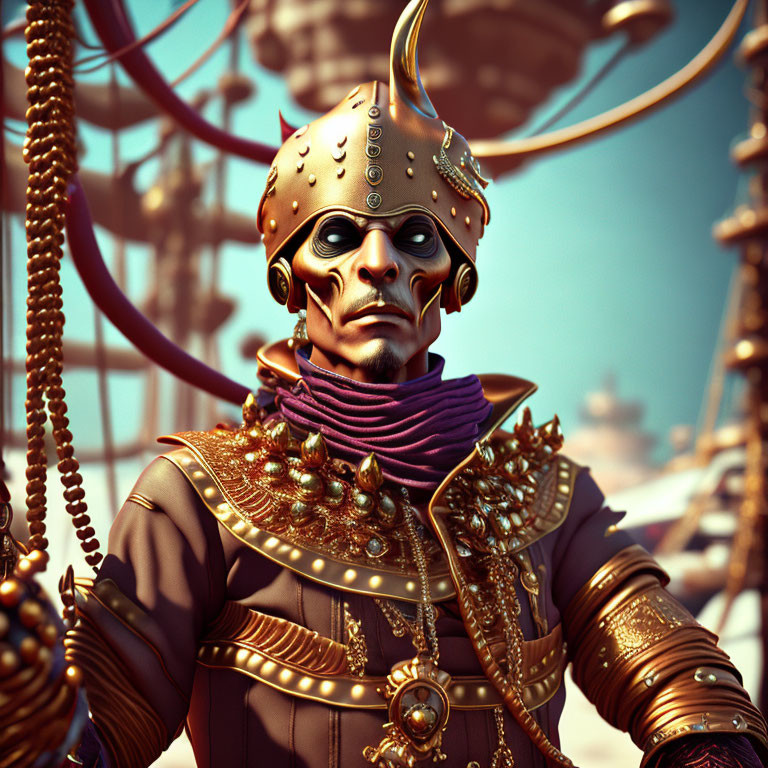 Sci-fi steampunk character in ornate armor and helmet
