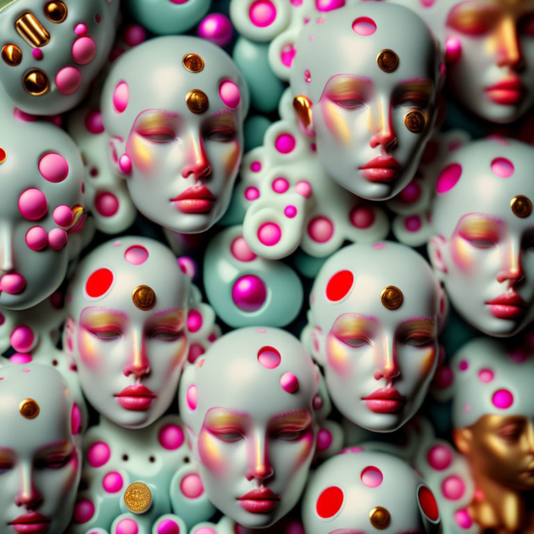 Abstract 3D-rendered female faces with colorful spheres in surreal composition