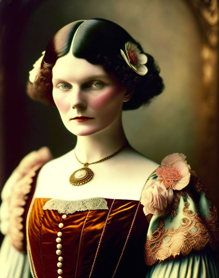 Portrait of woman with ornate vintage hairstyle, Victorian dress, lace necklace