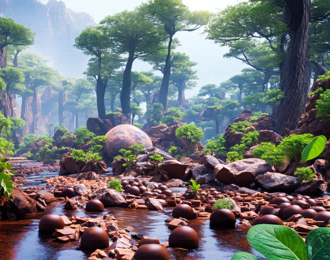 Tranquil forest scene with tall trees, rocky stream, and spherical brown objects