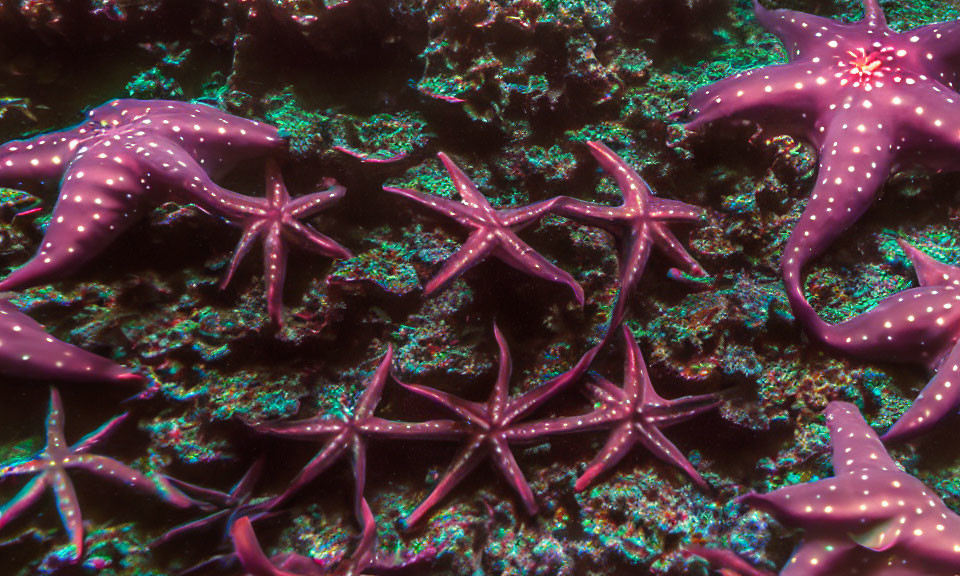 Purple Starfish with White Spots Resting on Textured Coral Reef