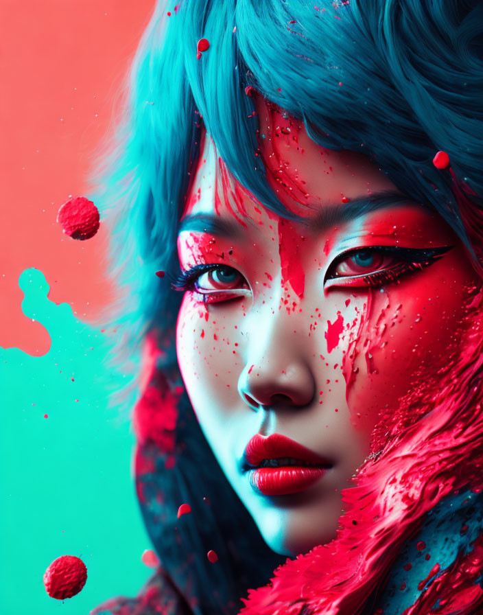 Vibrant blue hair and red paint splatters on intense gaze in close-up portrait