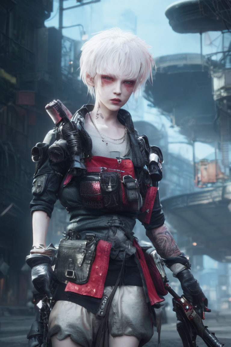 White-Haired Female Character in Cyberpunk Attire with Tattoos and Futuristic Gear