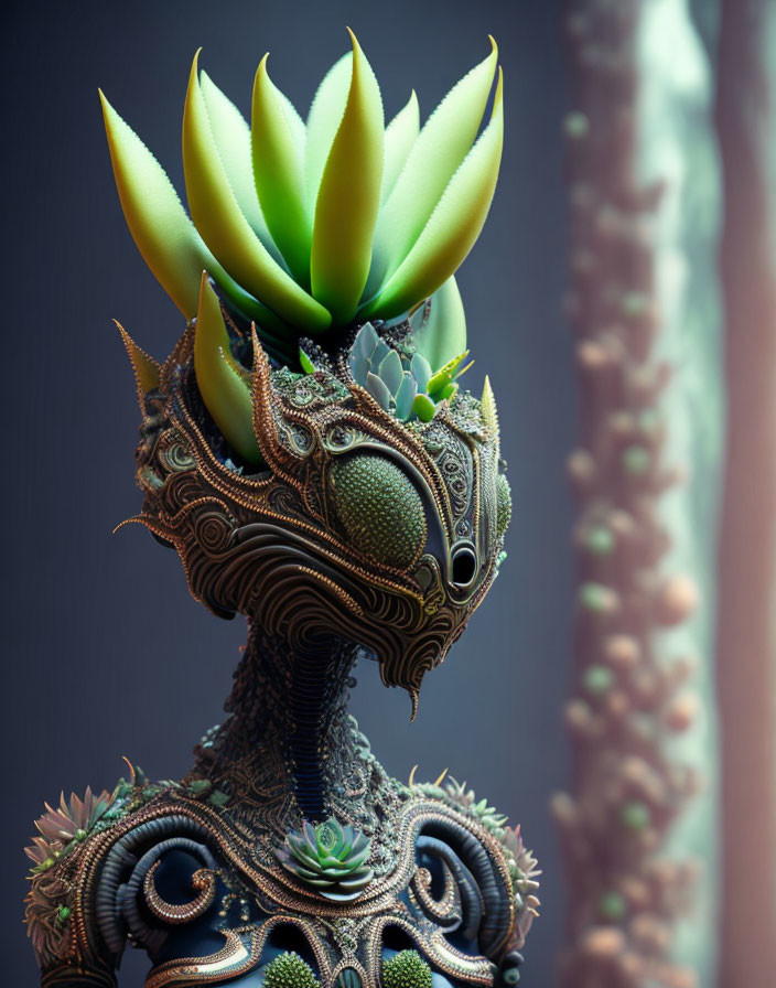 Ornate Vase Sculpture with Geometric Succulent-Like Plant