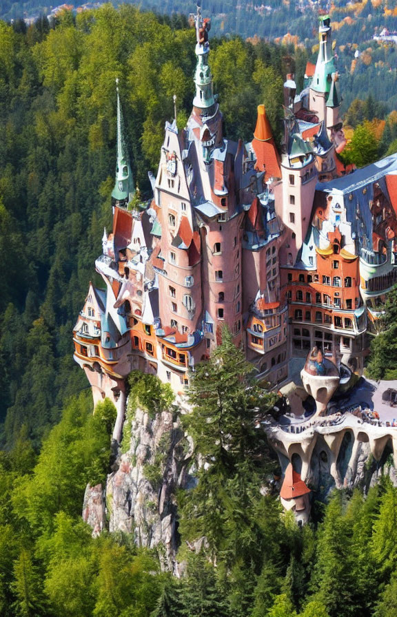 Colorful Fairytale Castle on Forested Hillside