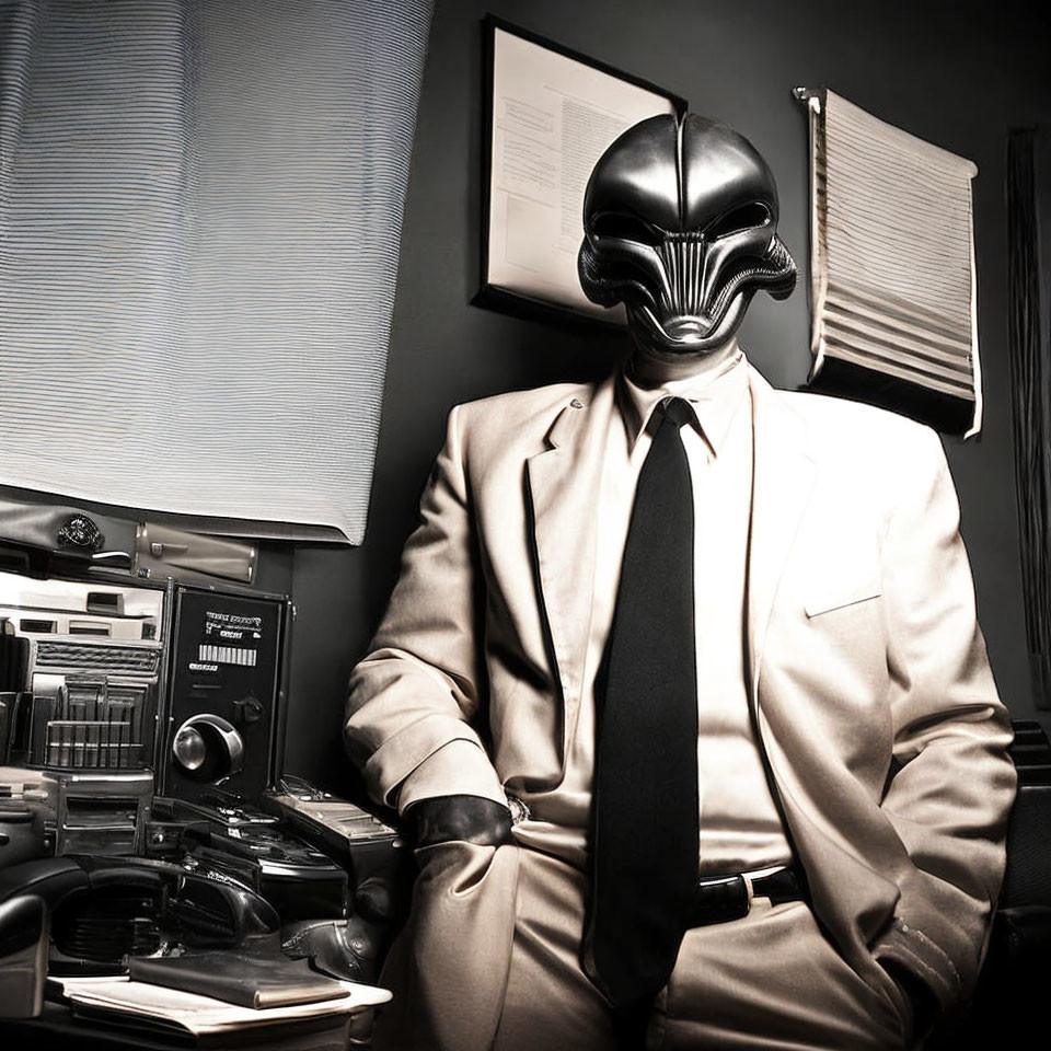 Person in Suit with Science Fiction Mask at Vintage Office Desk