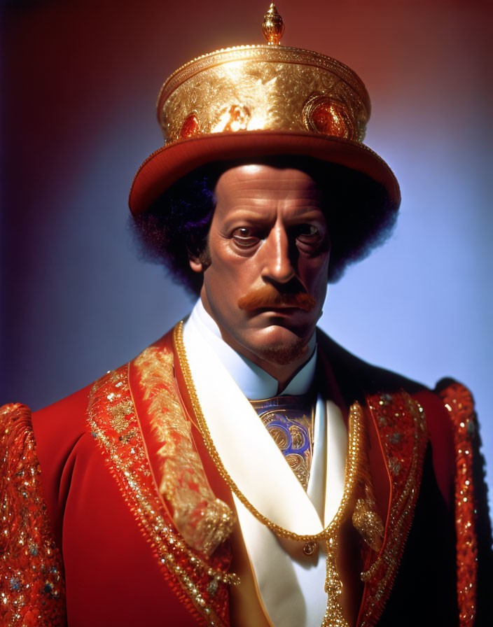 Person in Red and Gold Regalia with Medallion, Hat, and Scepter on Blue