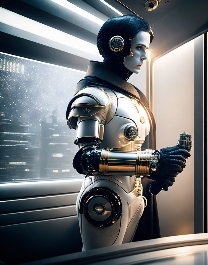 Detailed Silver and Black Plated Humanoid Robot Contemplating by Window