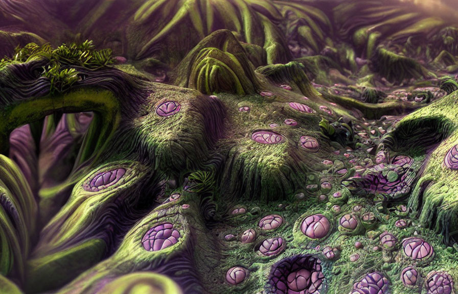 Lush green and purple fantasy landscape with eye-like structures