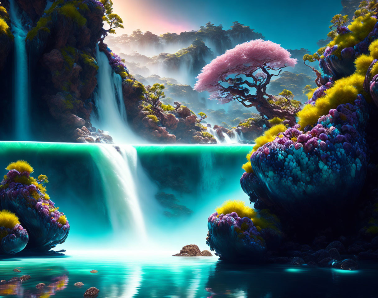 Fantasy landscape with waterfall, cherry blossom tree, and ethereal light