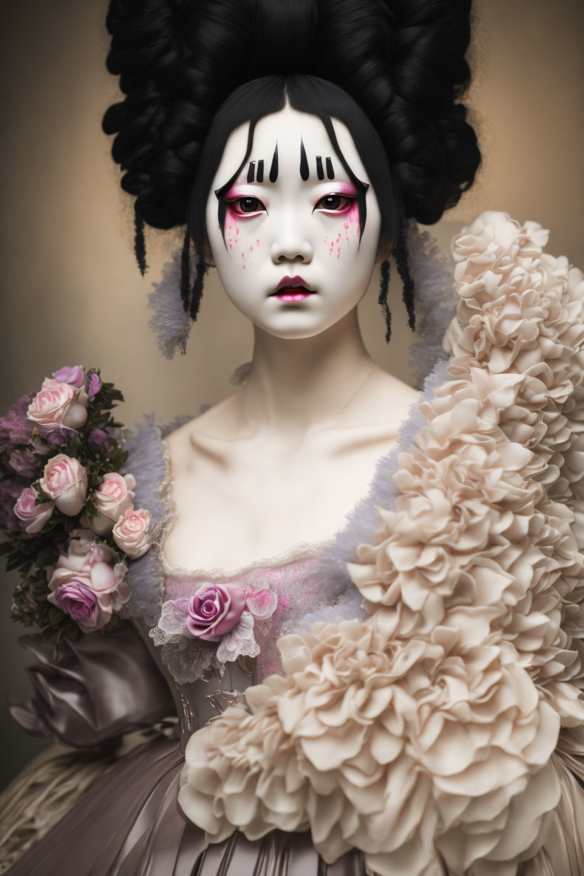 Elaborate Gothic Doll Costume with Black and White Hair