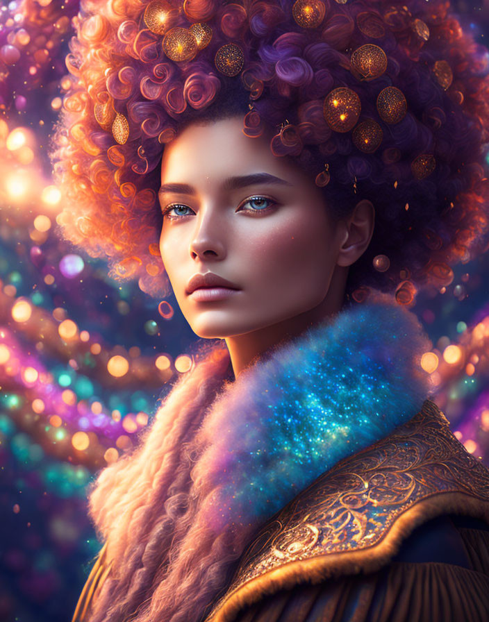 Colorful Nebula-Inspired Makeup and Voluminous Curly Hair Portrait