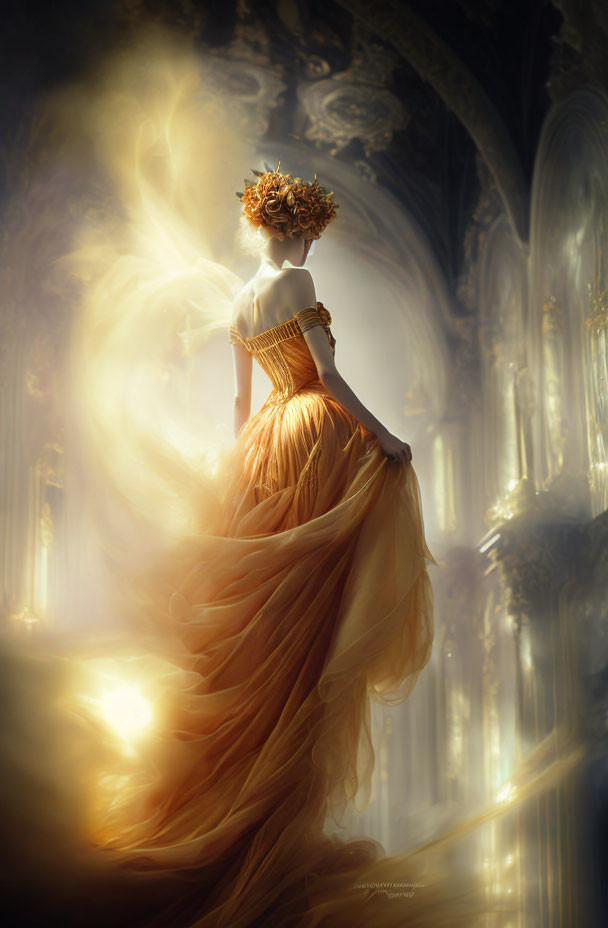 Woman in Orange Dress with Mask in Cathedral Amid Ethereal Light