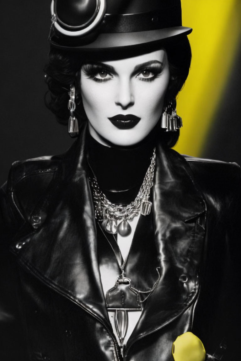 Monochrome image of person in bold makeup, leather outfit, hat, and jewelry