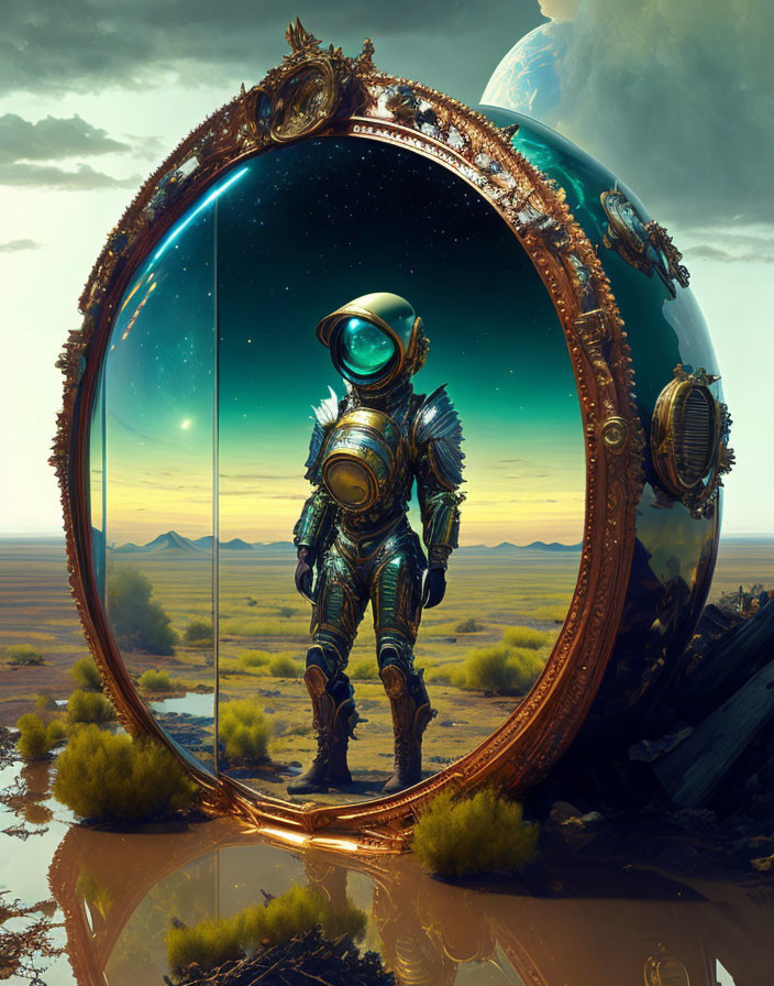 Astronaut in front of mirror showing lush alien landscape