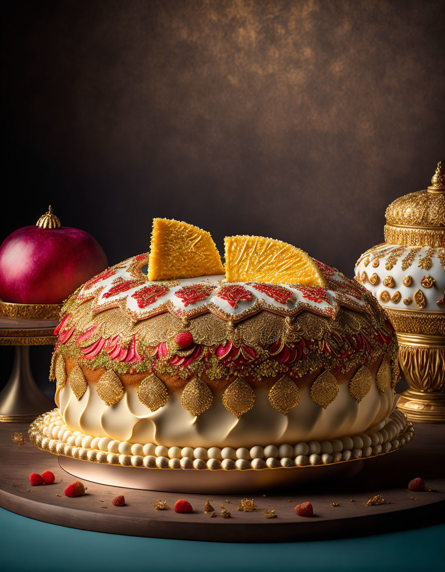 Royal Crown Cake with Golden Accents and Red Gem-like Detailing