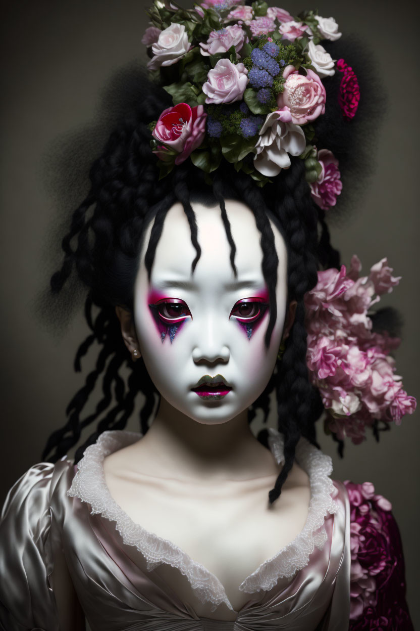 Person with White Face Makeup and Red Eye Makeup, Wearing Floral Headdress