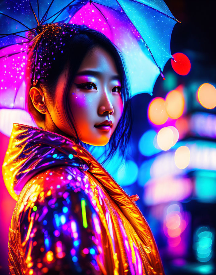 Colorful Umbrella Woman Amidst Vibrant Neon Lights