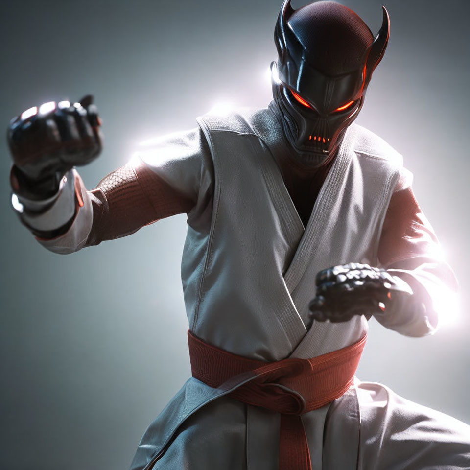 Stylized figure in karate gi with red belt and oni mask in dramatic pose