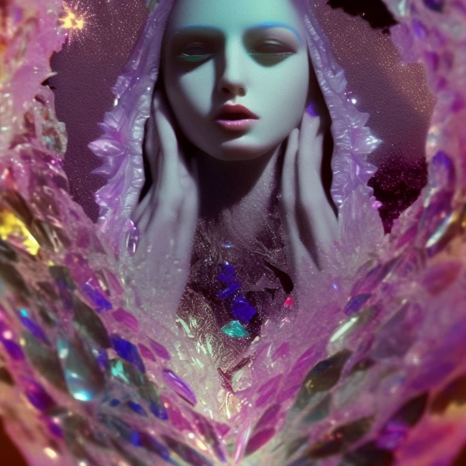 Blue-skinned woman's face in surreal, colorful crystal formation