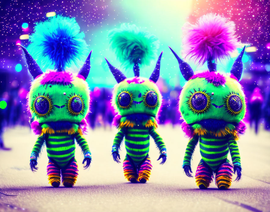 Colorful Neon Plush Creatures with Striped Bodies and Fluffy Hair
