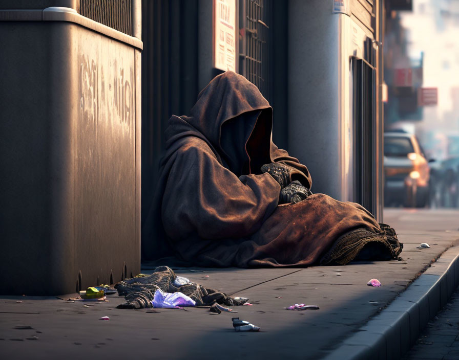 Hooded Figure in Brown Blanket on City Sidewalk