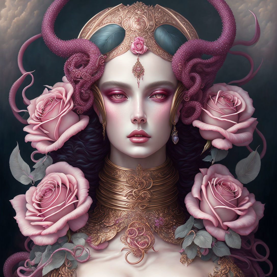Digital Artwork: Woman with Horns, Roses, and Gold Jewelry on Dark Background