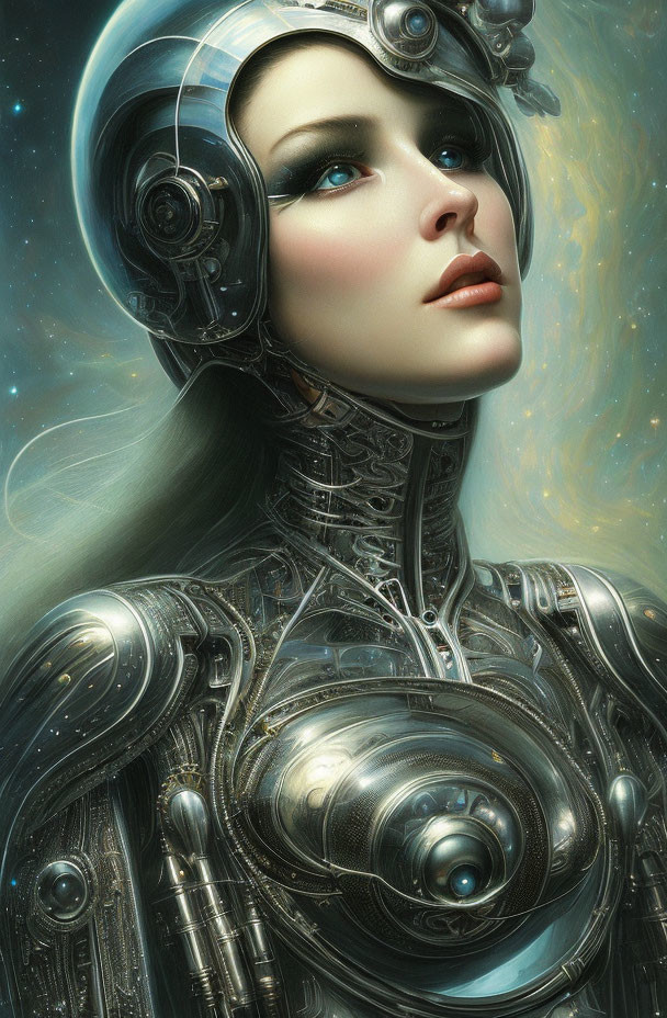 Intricate Female Android in Metallic Armor on Starry Background