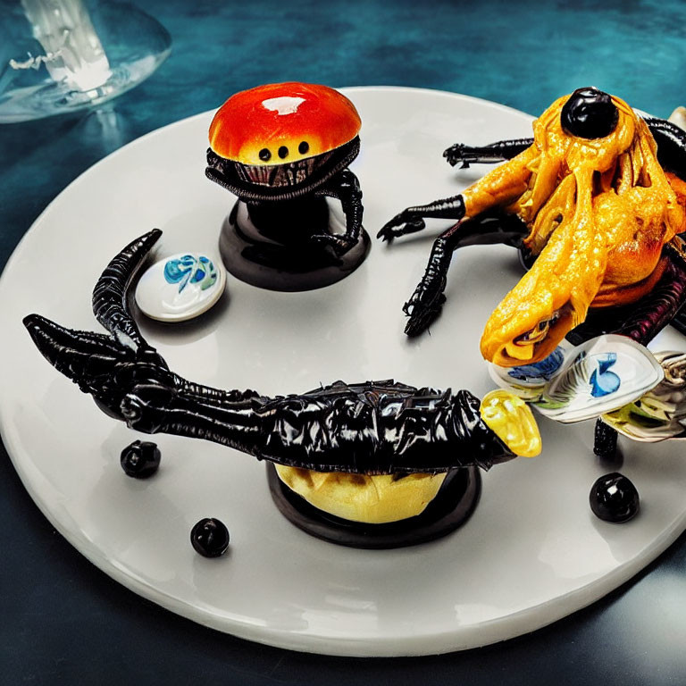 Plate with sci-fi creature-inspired artistic food: black alien figure with red cap, golden entity with tent