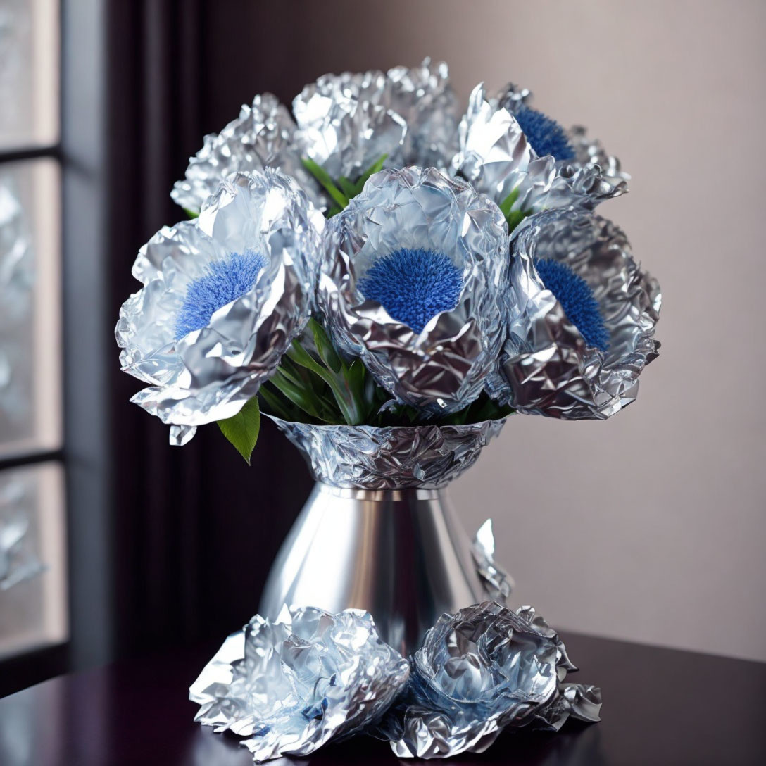 Blue Flowers Bouquet in Silver Foil Wrapping on Metallic Vase
