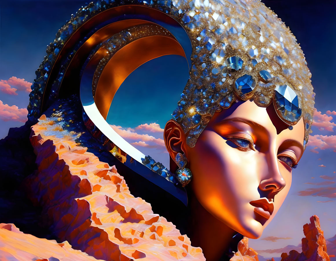 Golden female figure with jeweled headdress in surreal digital art