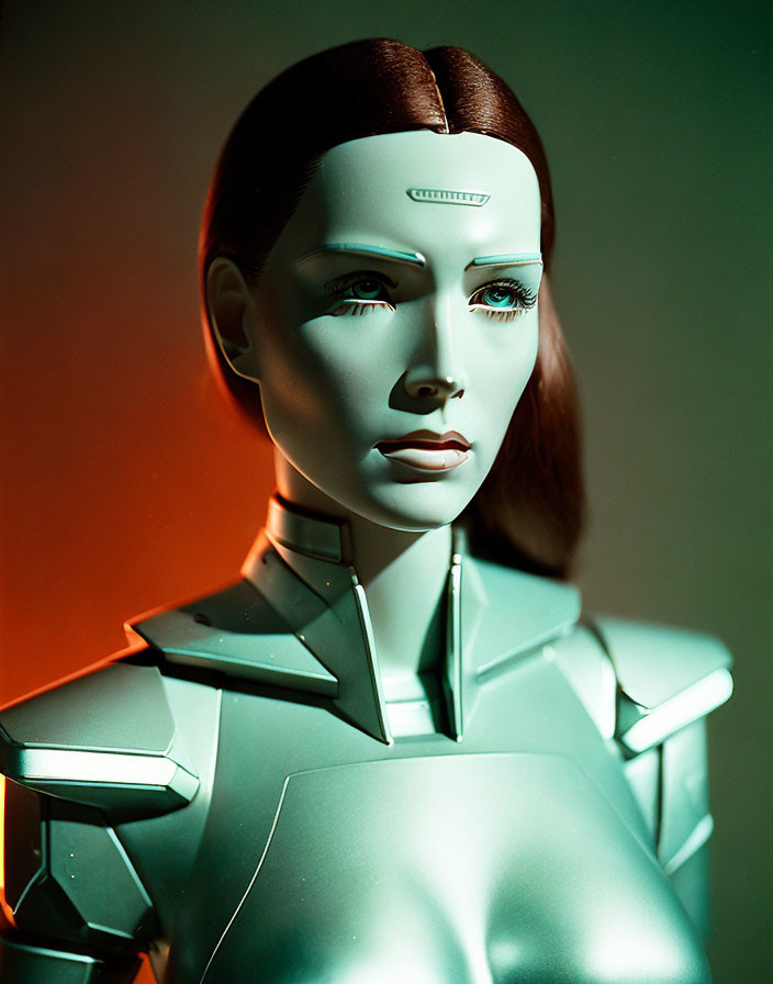 Female humanoid robot with greenish lighting and contemplative expression