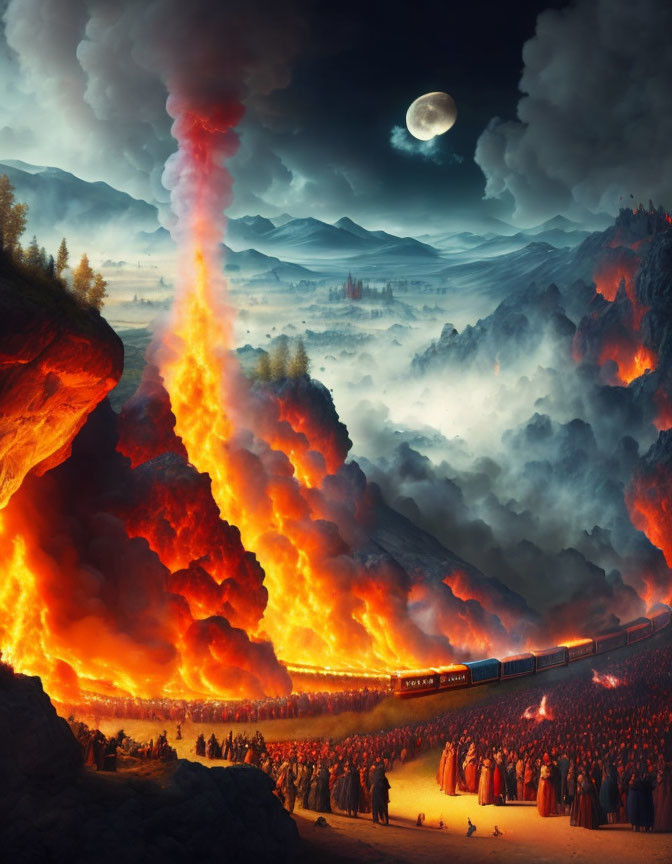 Illustration of erupting volcano with lava, train, full moon, clouds, and crowd.