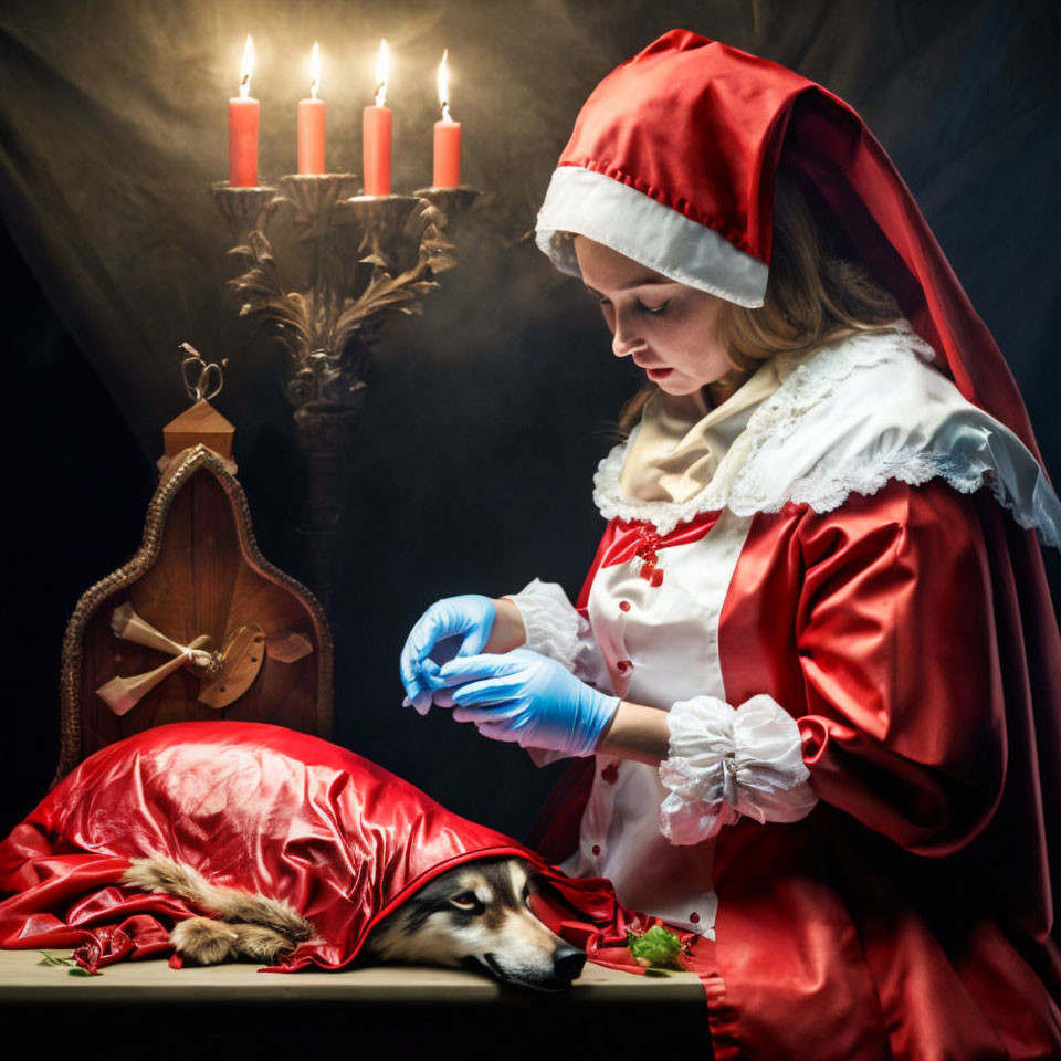 Woman in Santa Costume Caring for Dog with Candles and Violin Background