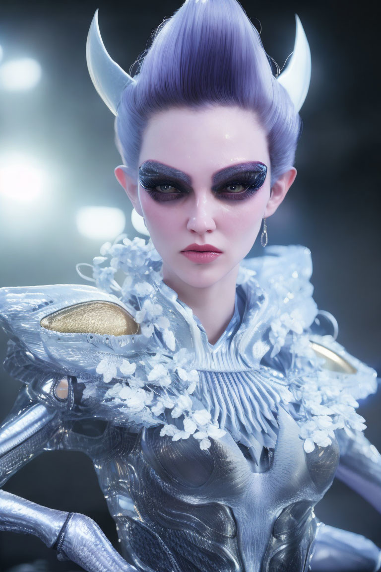 Female character with violet hair in futuristic armor and floral details