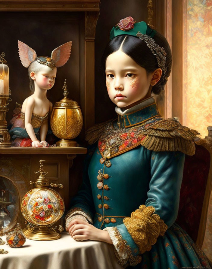 Young girl in teal military-style jacket with fairy in ornate setting.