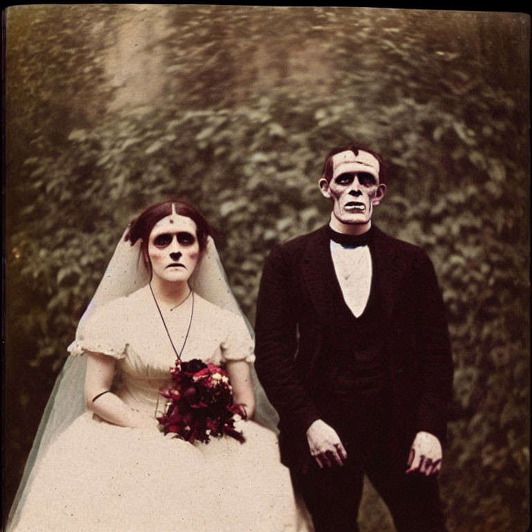 Vintage-style portrait of skull-faced bride and groom in themed attire