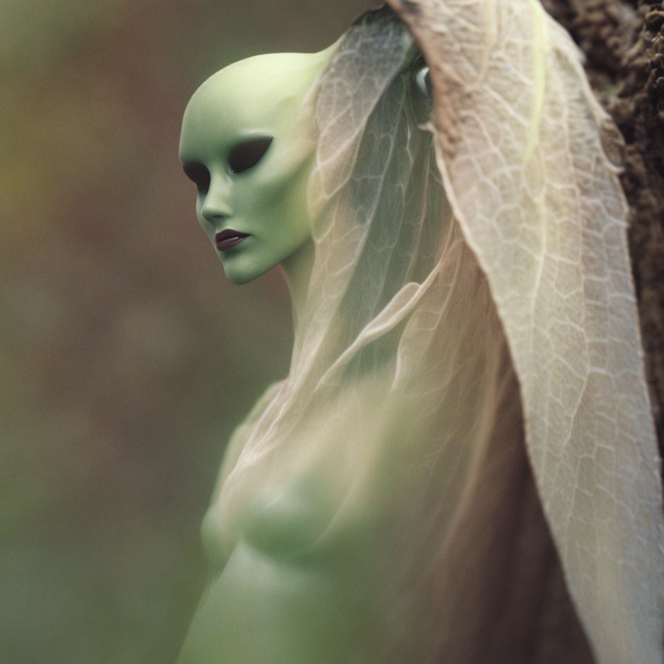 Green humanoid figure with smooth face obscured by leaf-like structure.