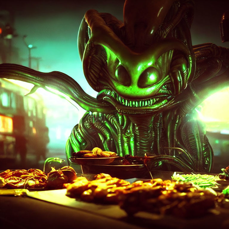 Green creature with glowing eyes at exotic food stall in neon glow