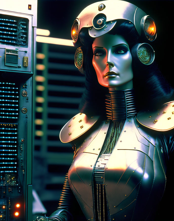 Detailed futuristic female robot with illuminated armor and helmet next to electronic panel.