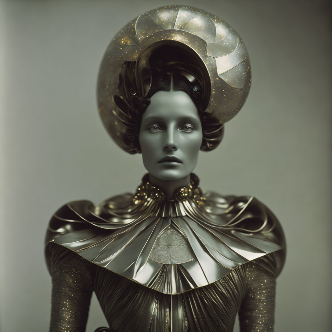 Surreal metallic sculpture of woman with ornate headdress and elaborate shoulders