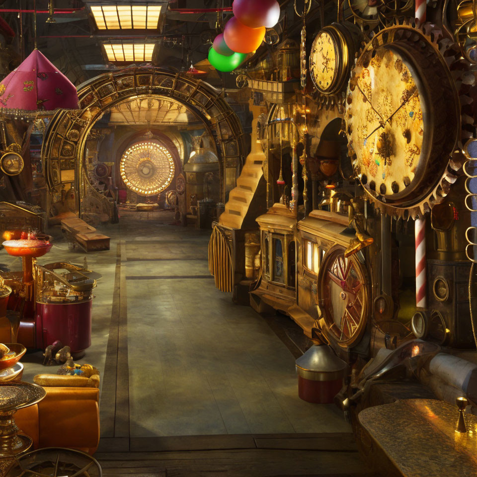 Steampunk interior with clocks, gears, and colorful balloons