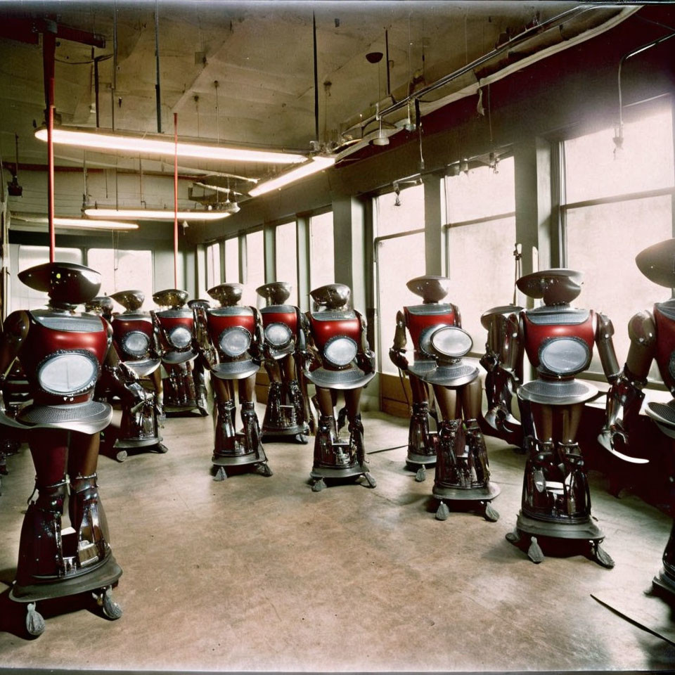 Vintage Drum Practice Pads with Metallic Red Bases in Industrial Room
