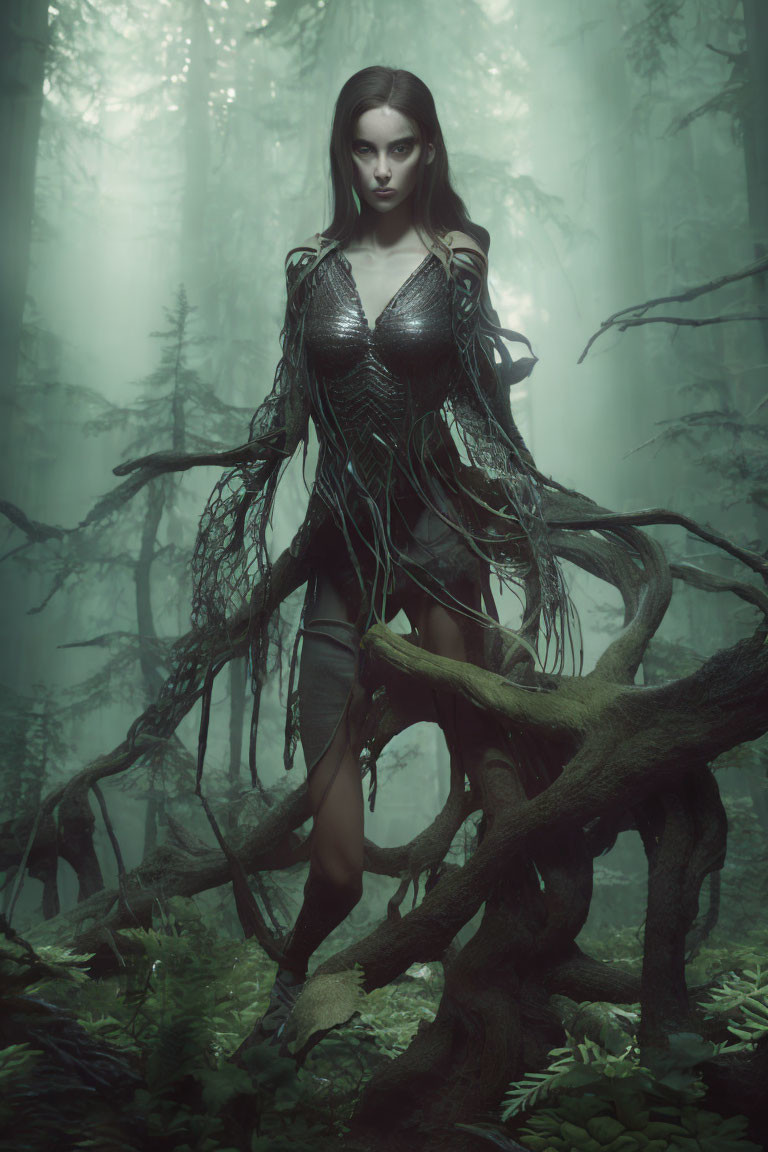 Mysterious Woman in Dark Outfit in Foggy Forest