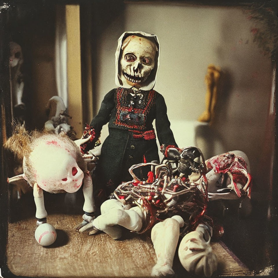 Creepy doll with skull face in nurse outfit surrounded by toy parts and spiders